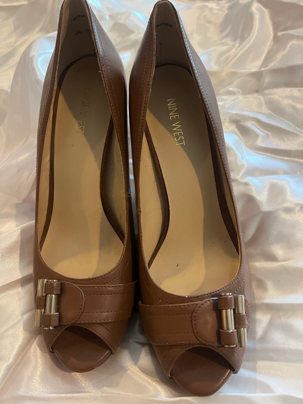 Nine West Brown Leather Peep-Toe Heels with Buckle Accent
